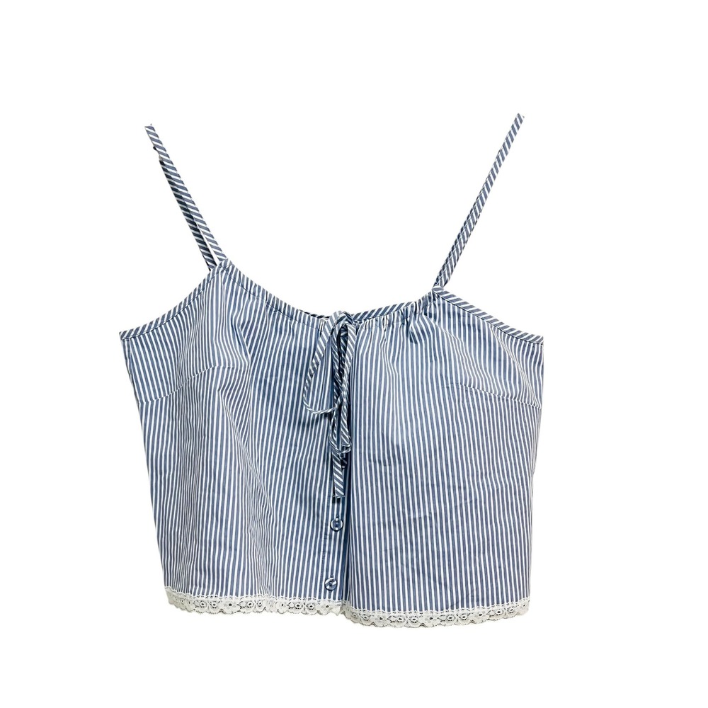 SKIMS Cotton Poplin Sleep Tank Cami Large Cadet Stripe Lace Trim Coquette Lounge